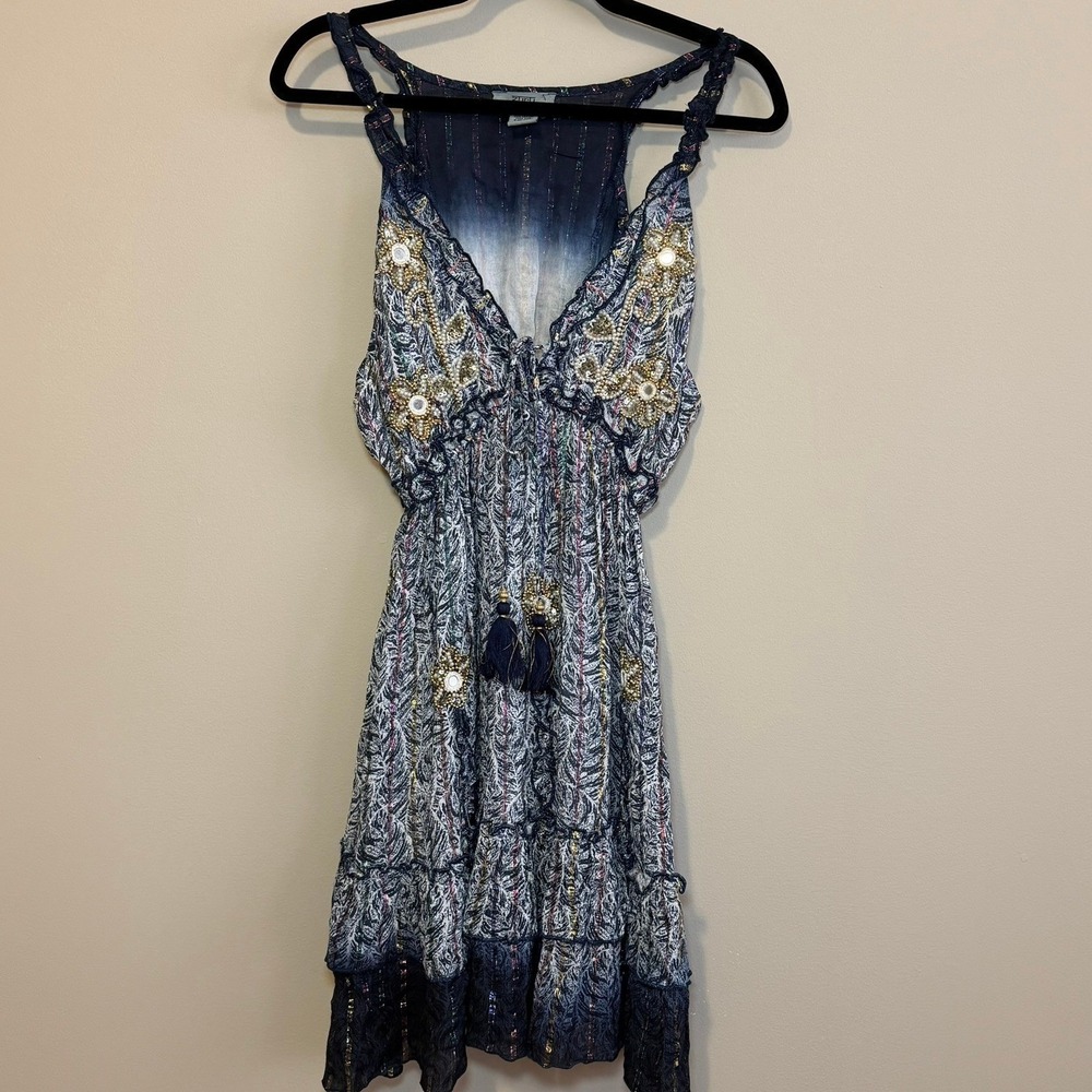 Zury Boho Sequin Floral Mini Dress Blue Metallic Lurex Tiered Free Size